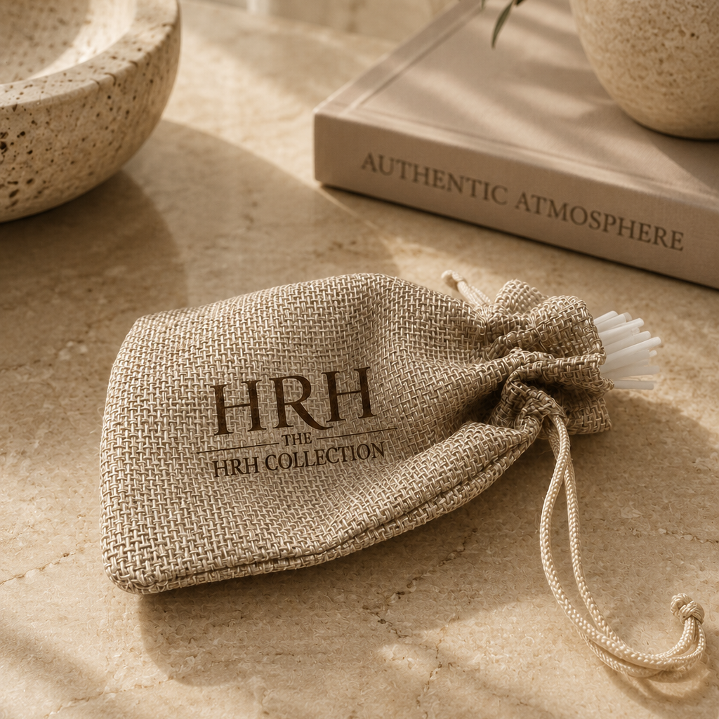 Textile bag with 'HRH The HRH Collection' branding on a textured surface.