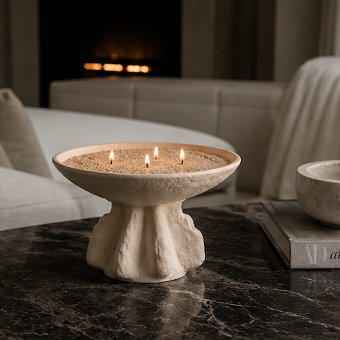 A cream-colored stone pedestal candle holder with three lit candles, placed on a dark marble table in a cozy living room setting with a fireplace in the background.
