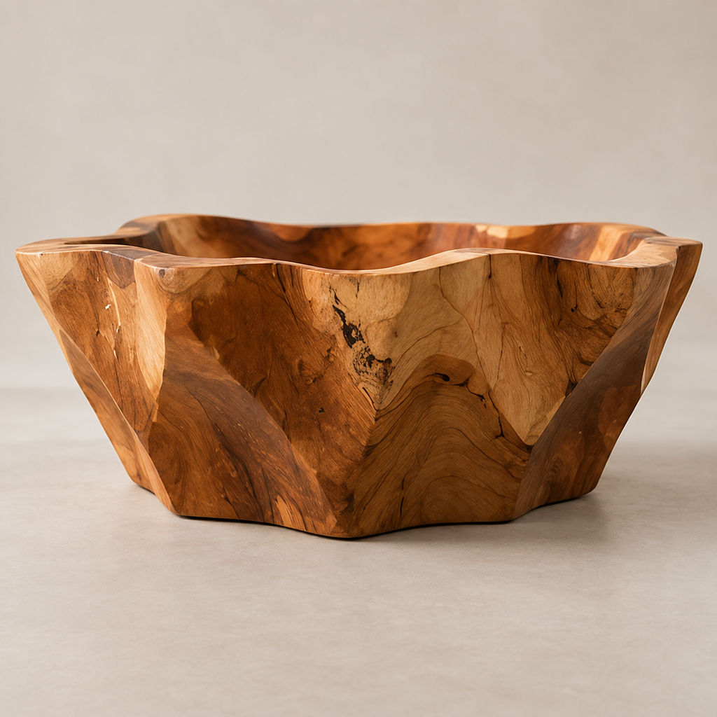 A large organic-shaped wooden bowl with a rich, wavy grain pattern in warm brown and golden tones, photographed on a neutral light gray surface.