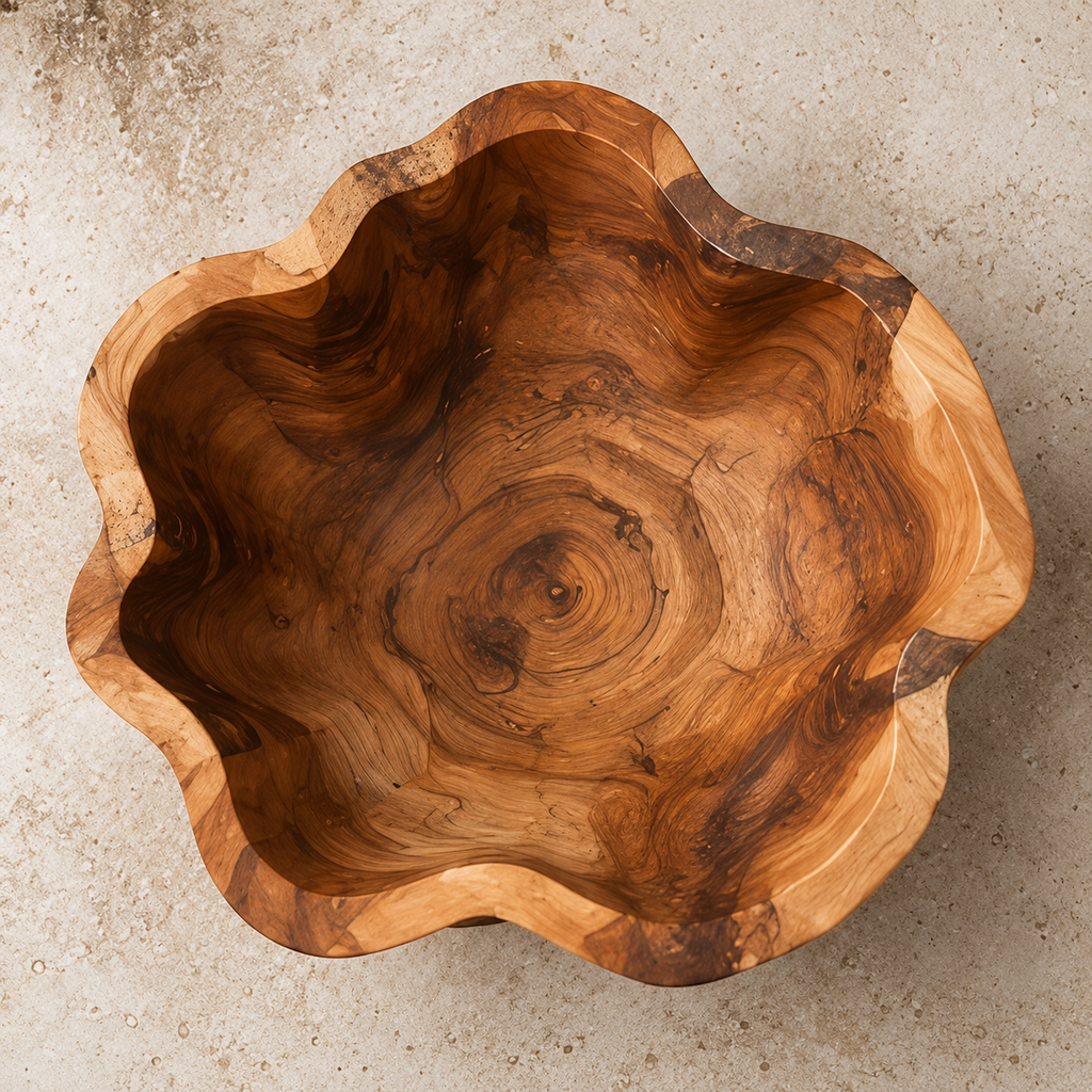 A top-down view of a handcrafted wooden bowl with a wavy, scalloped rim and rich natural wood grain patterns in warm brown and golden tones, set against a neutral concrete background.