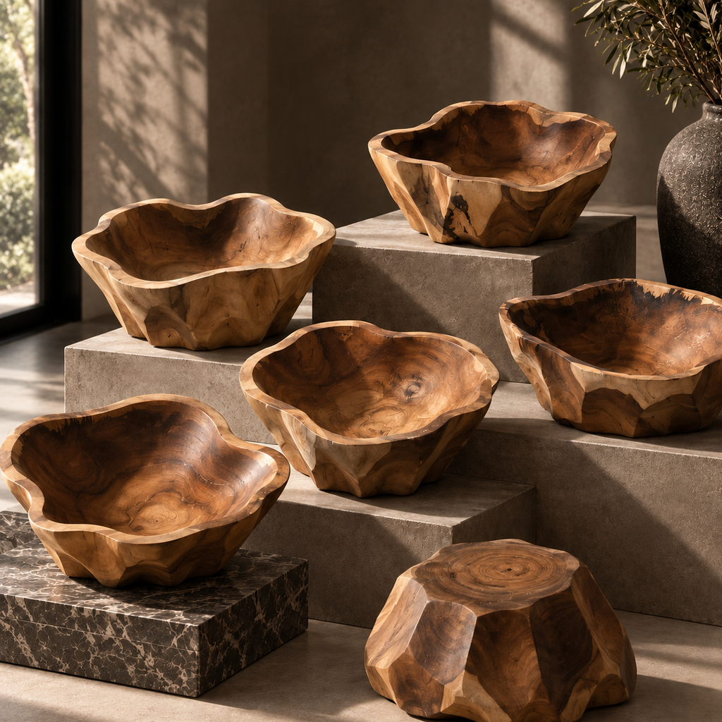 Five rustic wooden bowls with organic, scalloped edges are arranged on stacked stone blocks in a sunlit interior setting.