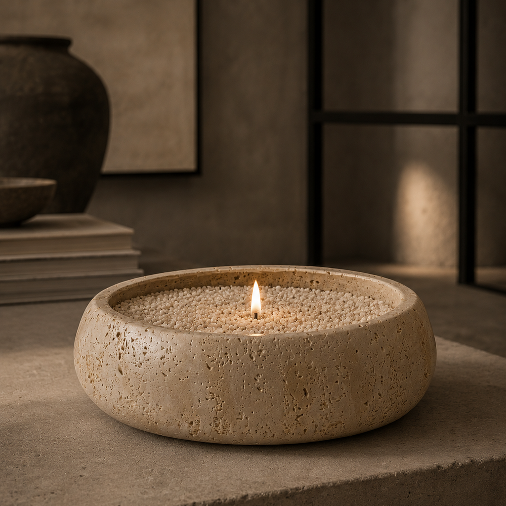 Ceramic bowl with a candle on a textured surface