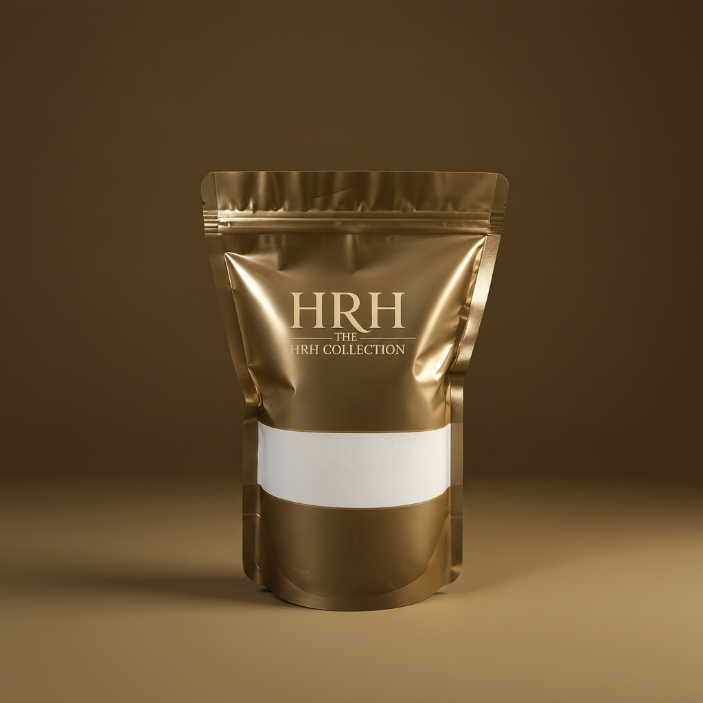 Gold packaging with 'HRH' branding on a brown background