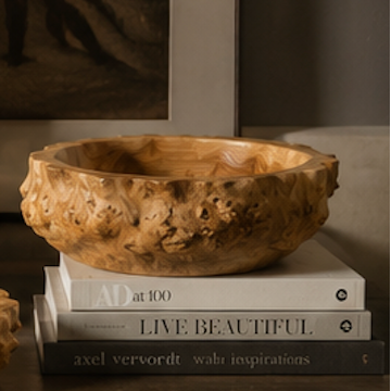 Four organic-shaped wooden bowls with textured, burl-like surfaces in warm tan and brown tones, arranged on a tabletop with books and a lamp in a styled interior setting.