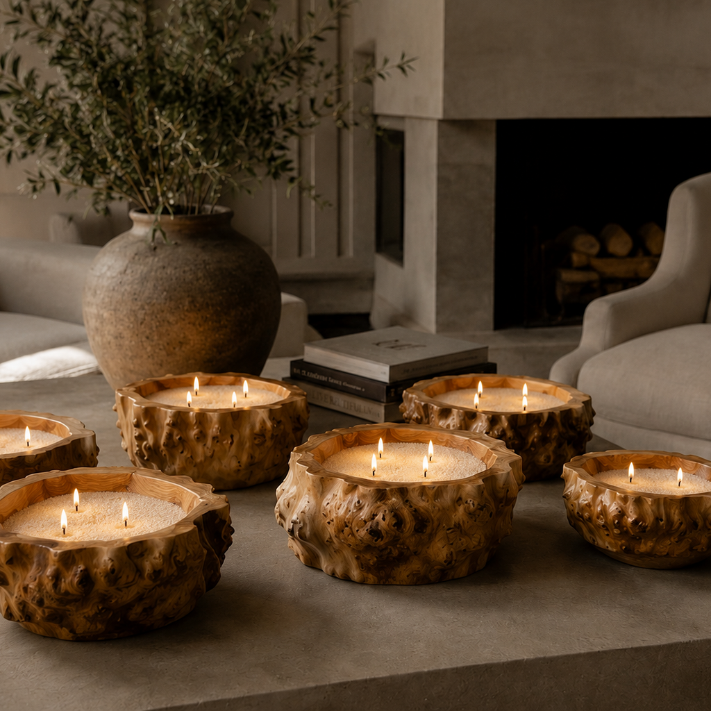 Five rustic tree-bark style candle holders with lit candles arranged on a stone table in a cozy living room setting with a fireplace, armchair, and large vase.