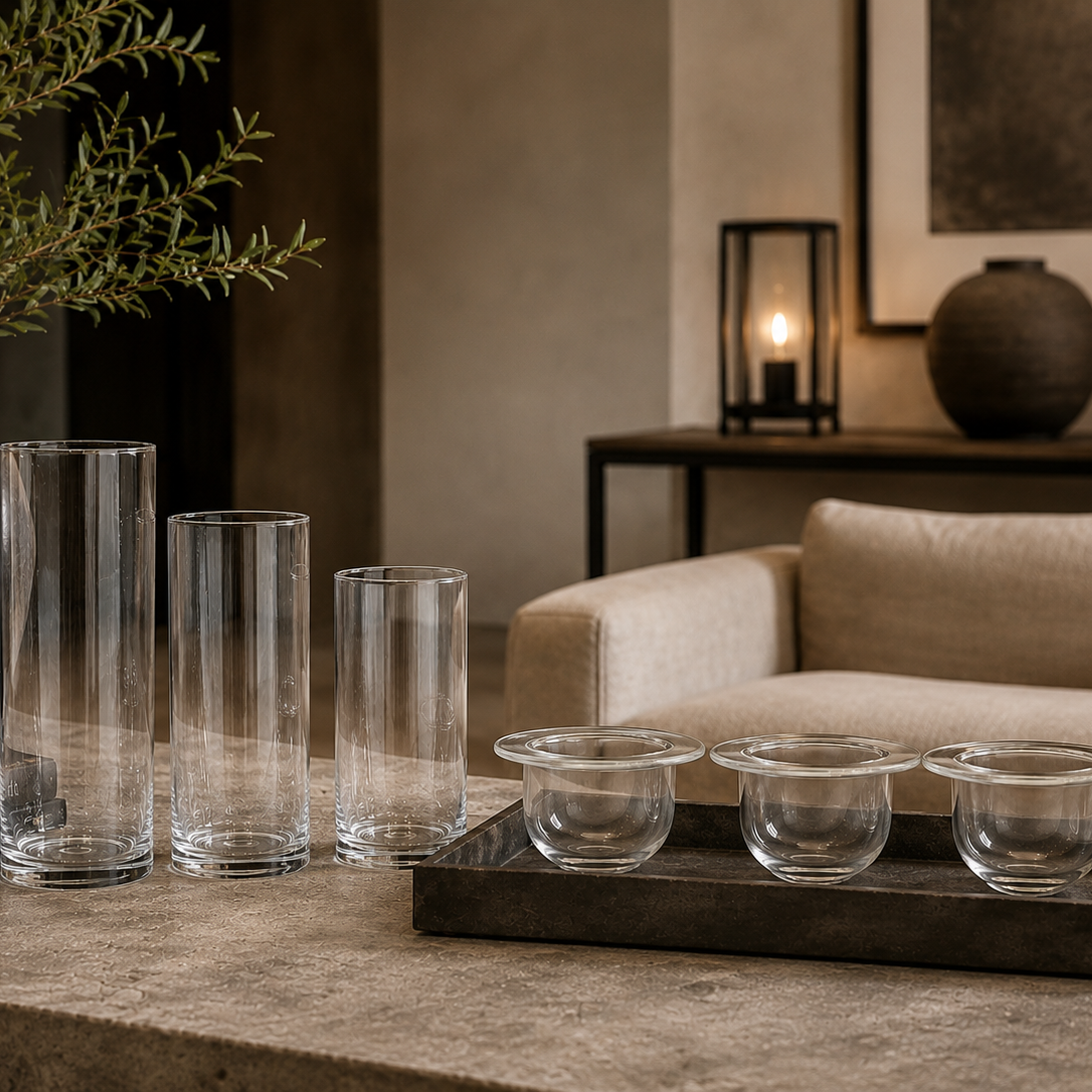 Four clear glass vases in varying heights arranged on a stone table, alongside four matching small clear glass cups on a dark tray, in a styled interior setting with a sofa, lamp, and plant visible in the background.