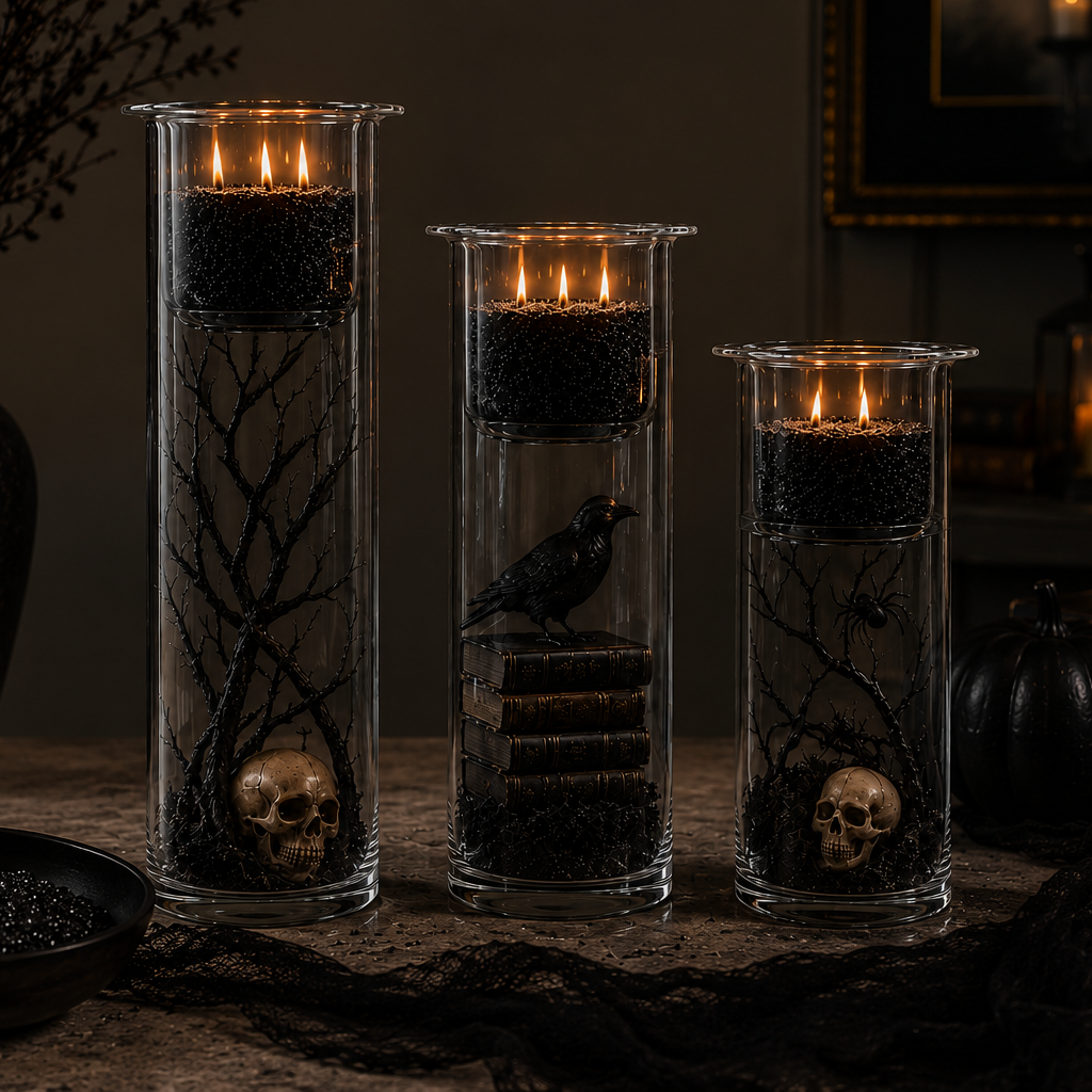 Three tall clear glass candle holders with black candles and spooky Halloween decorations, including a raven, books, and skulls, styled on a dark tabletop with a black vase and skull props in the background.