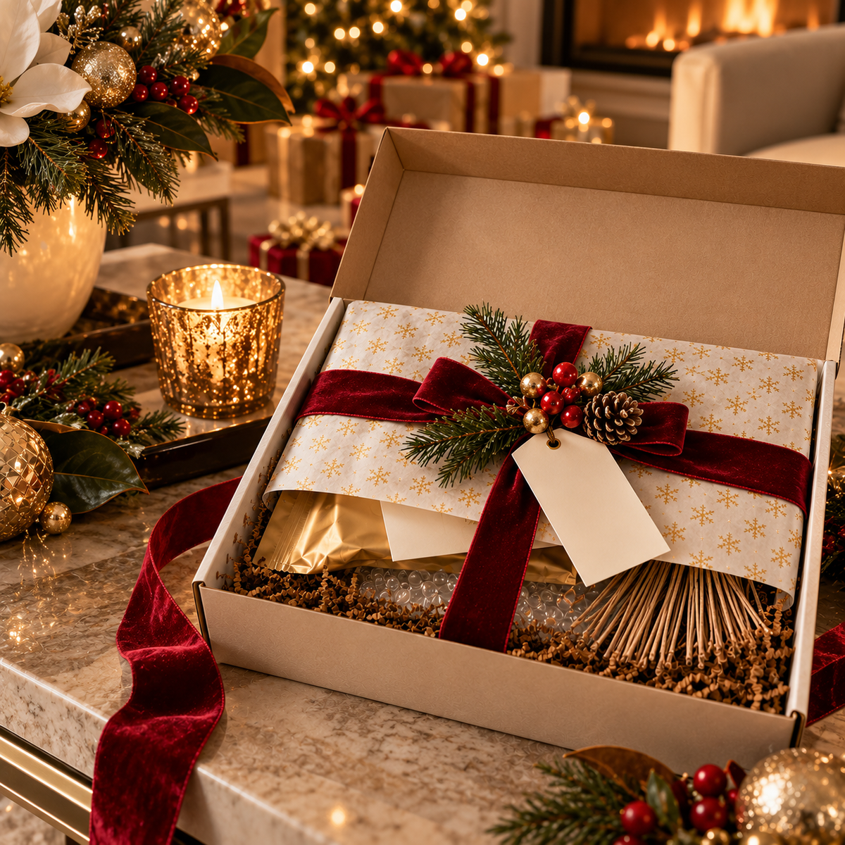 HRH gift set in holiday gift packaging with ribbon, tag, greenery and holiday decor