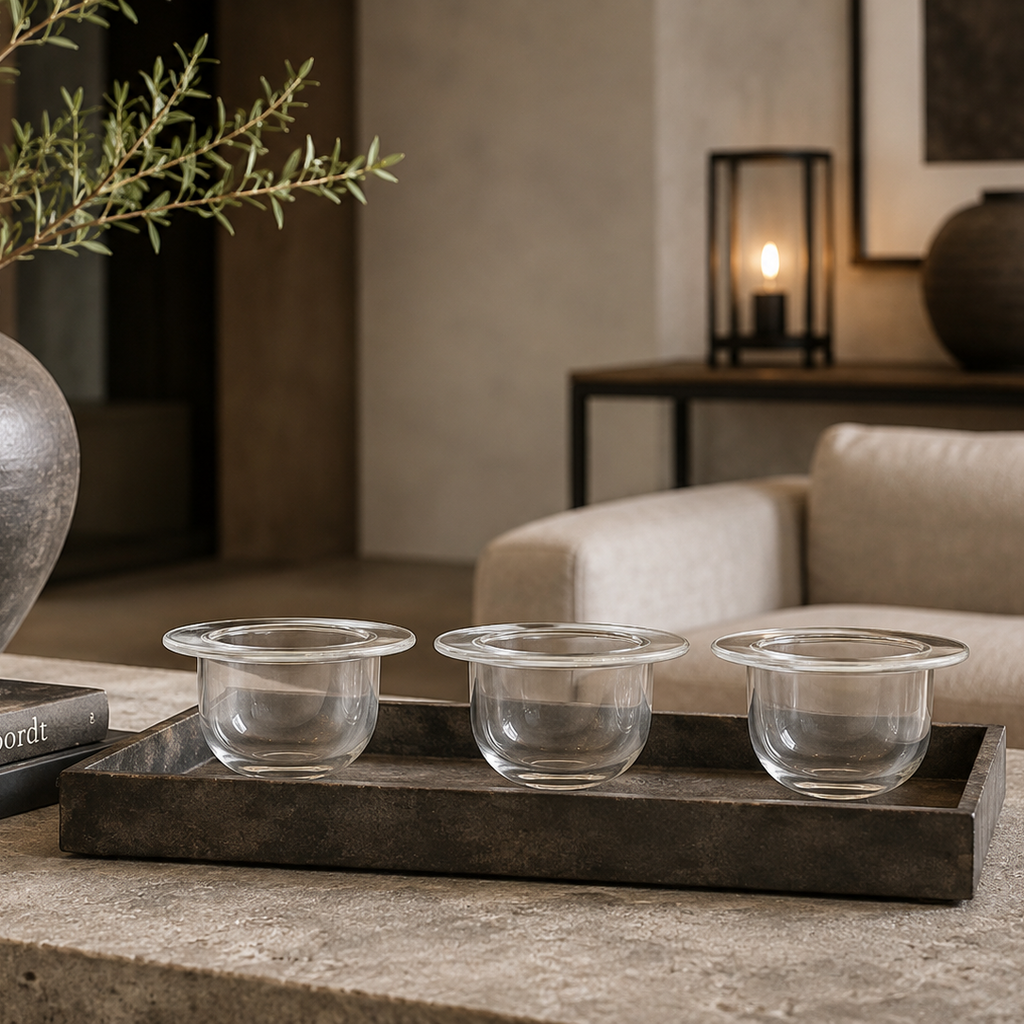 Three small clear glass cups arranged on a dark rectangular tray on a stone table in a softly lit living room setting.