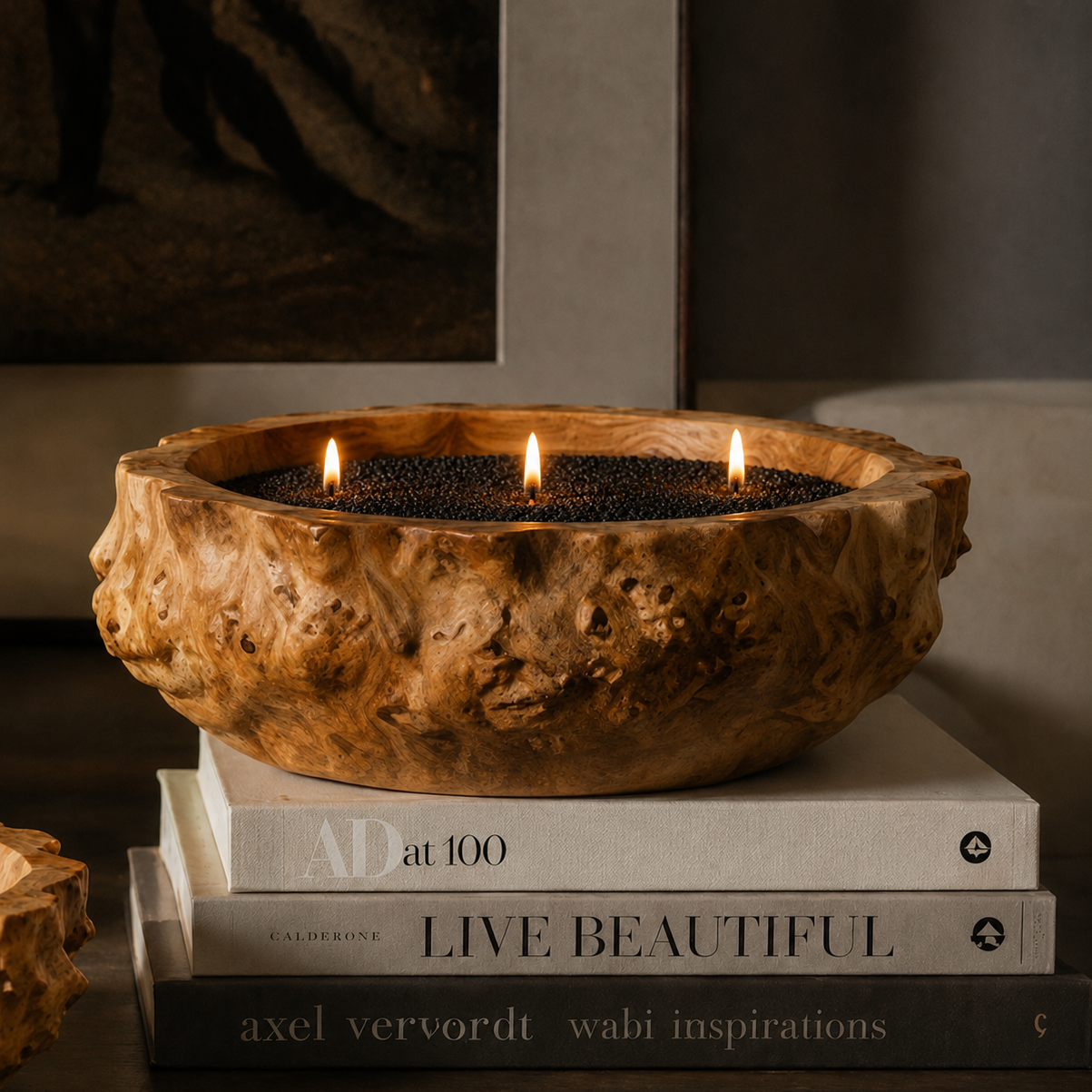 A rustic wood-bowl candle holder with three lit candles, styled on a stack of books in a warm, moody interior setting.