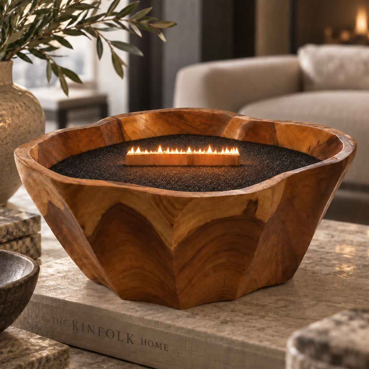 A wooden fire pit bowl with a carved, organic shape, filled with black gravel and a small flame, styled on a stone table in a cozy living room setting.