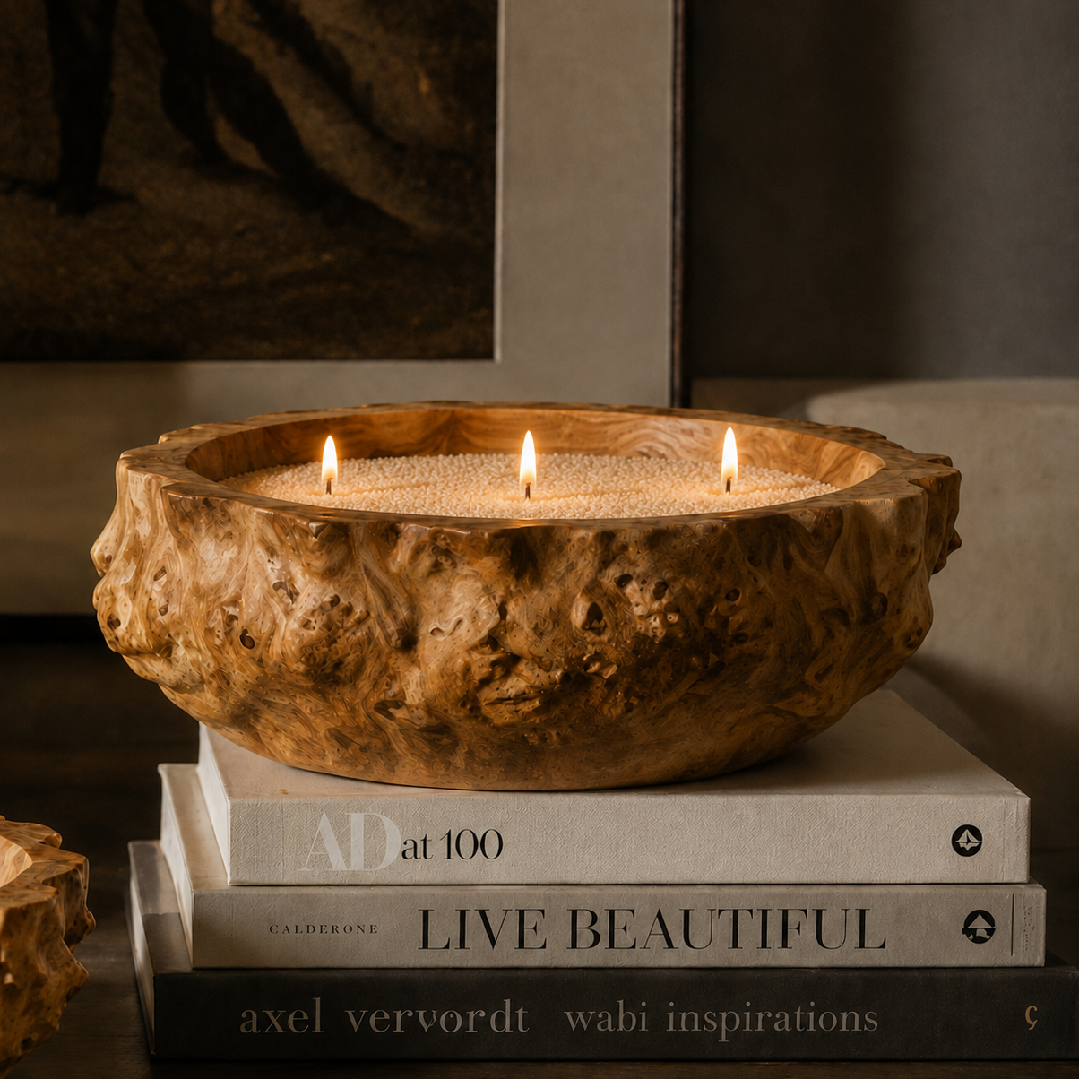 A rustic carved wooden bowl candle holder with three lit candles, styled on a stack of books in a warm, moody interior setting.