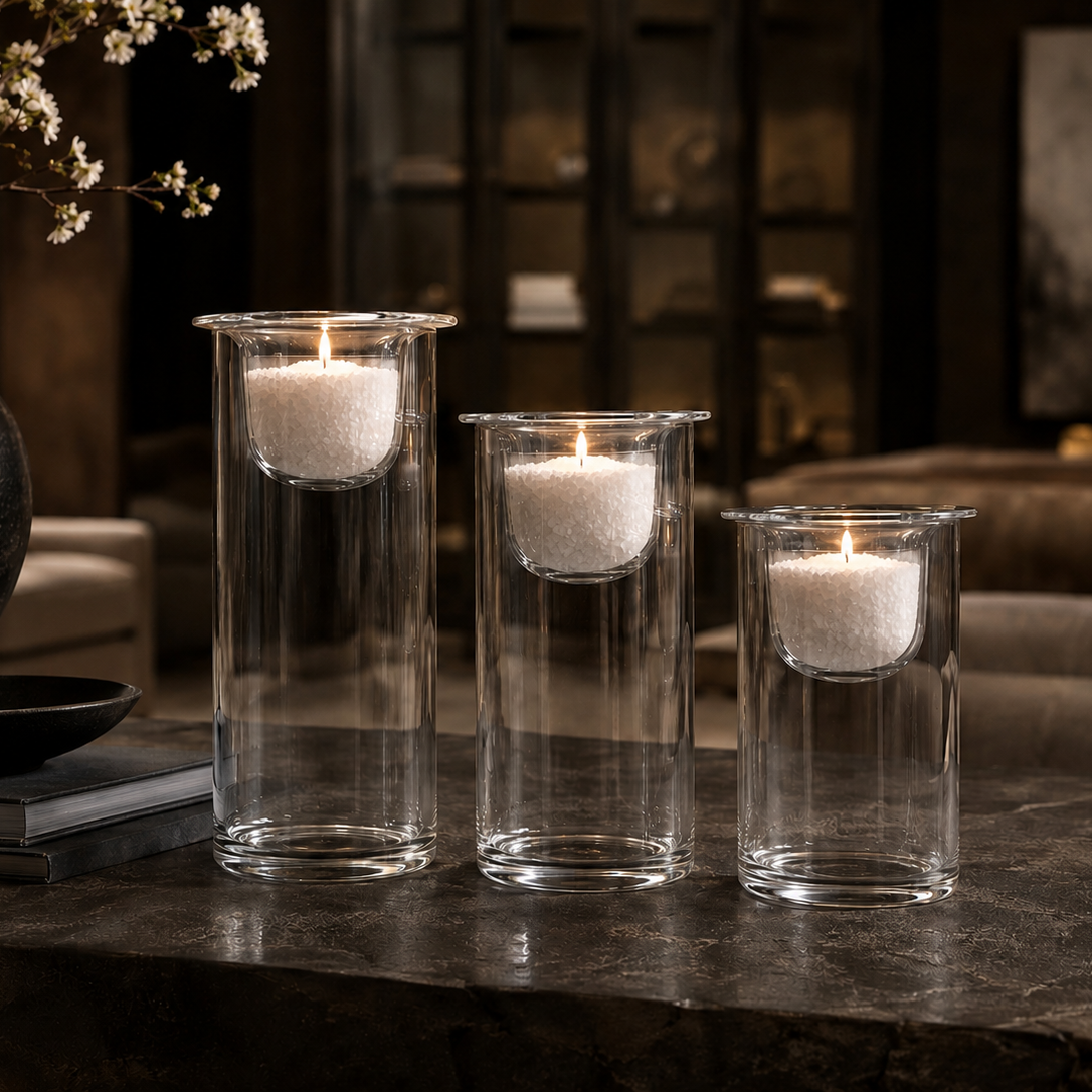 Three clear glass cylindrical candle holders with white candles inside, arranged on a dark stone surface in a dimly lit interior setting.