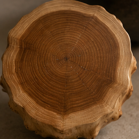 A rustic wooden slice tray or coaster made from a natural tree stump with prominent growth rings and rough, uneven edges, shown on a neutral gray surface.