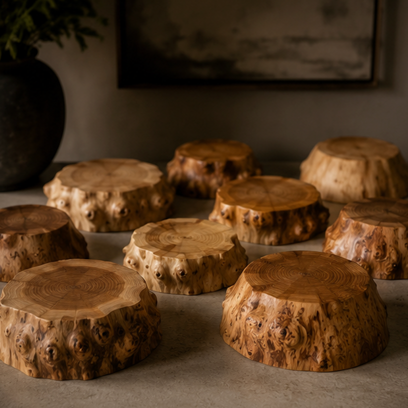 A set of rustic tree stump coffee tables arranged on a gray surface in a dimly lit room, with a dark vase and framed wall art in the background.