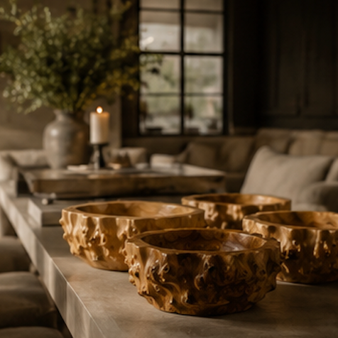 Four carved wooden bowls with organic, textured edges arranged on a stone table in a dimly lit, elegant interior setting.