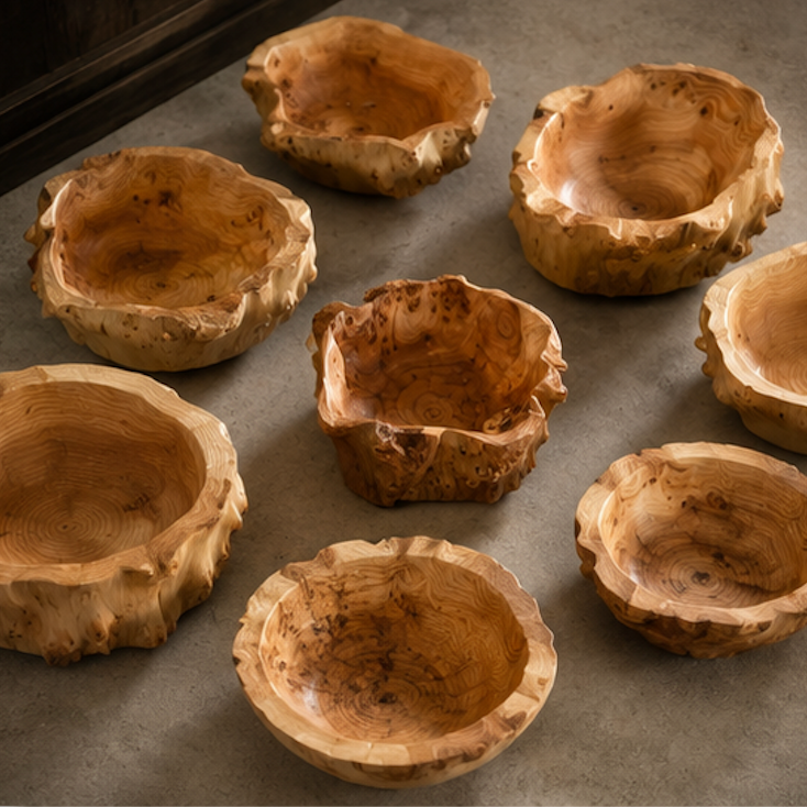 Seven rustic handcrafted wooden bowls with natural bark edges and rich wood grain, arranged on a gray stone surface.