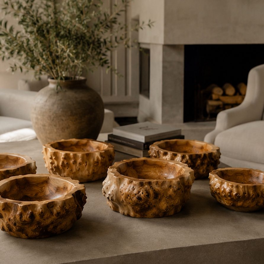 Five rustic, burl-wood carved bowls arranged on a stone table in a cozy, modern living room setting with a fireplace, armchair, and potted olive branch.
